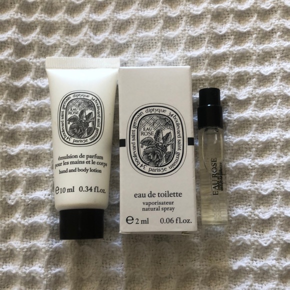 Diptyque🌹1-Mini Eau Rose EDT 2 ml 1-Mini Eau Rose Hand &  Body Lotion 10 ml - Picture 1 of 1
